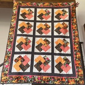 Quilt Blanket 63"x 50" Fall Floral Castle Horse Rider Asian Autumn Brown Orange